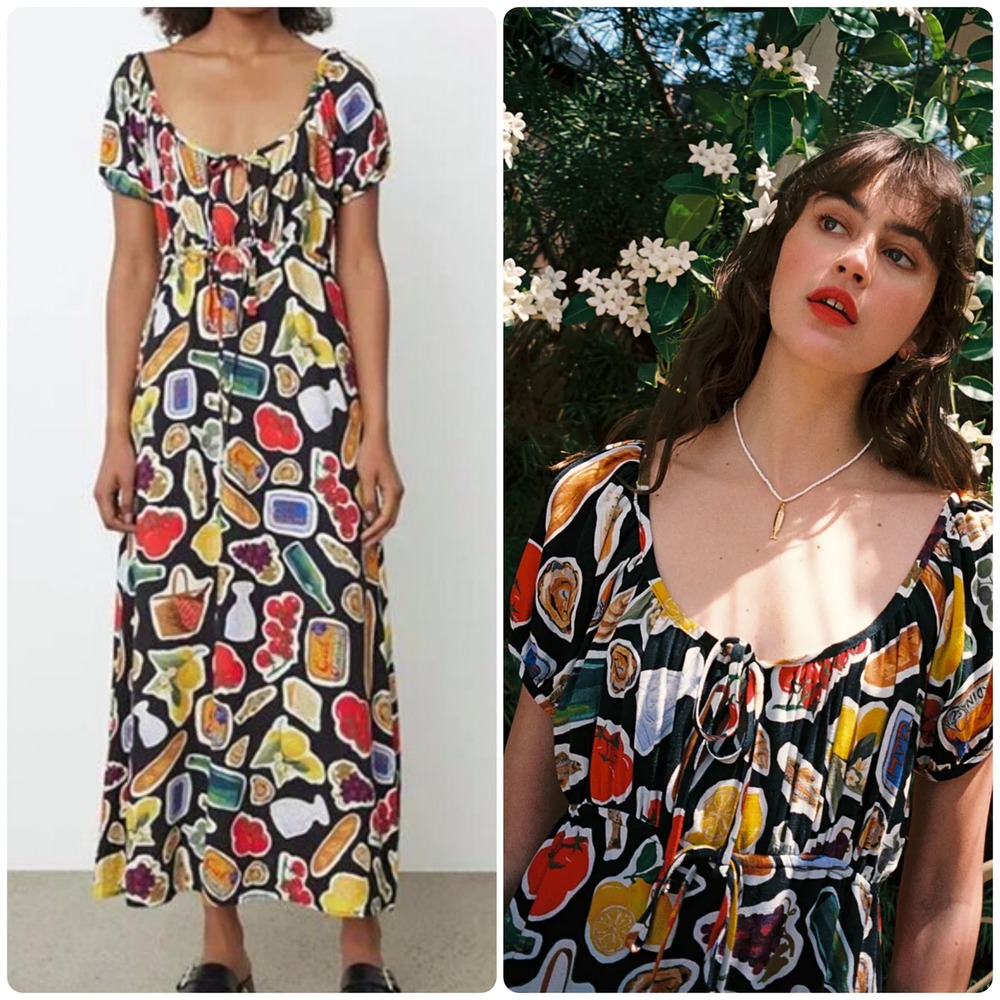 Lisa Says Gah Womens Lux Italian Picnic Food Print Milkmaid Midi Dress Size S